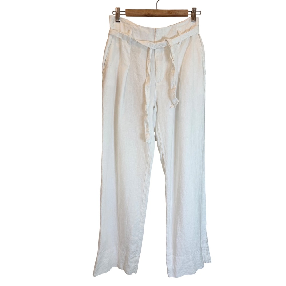 Lauren Ralph Lauren White 100% Linen Belted Wide Leg Pleated Trousers Size 2
